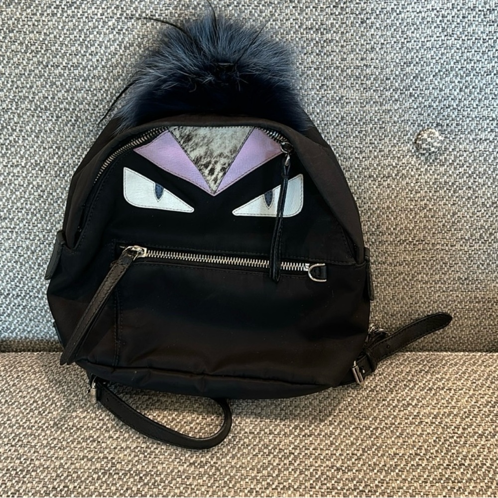 Fendi Black Backpack with Fur Trim and monster design 100% authentic